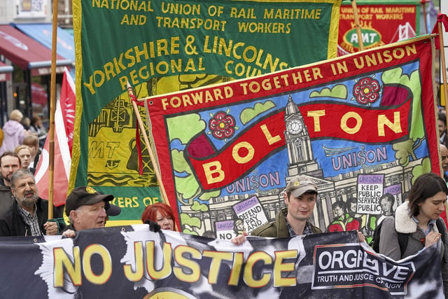 Banners from the Yorkshire and Licolnshire RMT and Bolton Unison branches