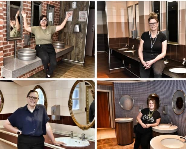 Bar associate Anna Freer pictured in the toilets in The Blue Bell, Hemsworth,  Bar associate Julie McAuley pictured in the toilets in The Broken Bridge, Pontefract, Pub manager Sarah Heppinstall pictured in the toilets in The Glass Blower, Castleford and Bar associate Tiegan Whitworth pictured in the ladies toilets in The Winter Seam,
Castleford.