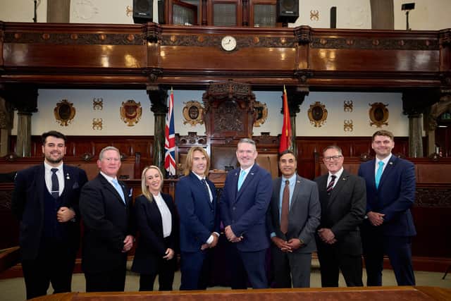 Wakefield Council's new cabinet members. l-r: Matthew Caton, Julian Carter, Rebecca Webster, Karl Johnson, John Thomas, Ansar Hayat, Andrew Wakefield, Matthew Pinder. Image: Wakefield Council