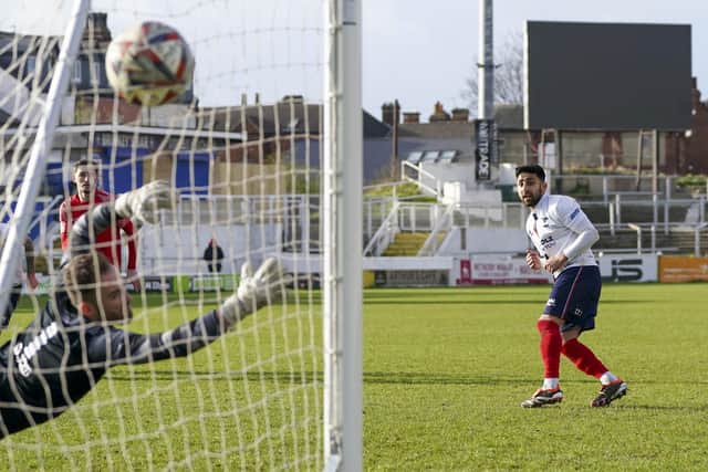 Jaydan Sandhu puts away a penalty for Wakefield AFC against Parkgate. Picture: Scott Merrylees