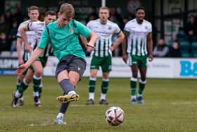 Lloyd Smith puts away a penalty for Frickley Athletic at North Ferriby. Picture: John Hobson
