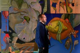 New acquisitions go on display at The Hepworth Wakefield marking 100 years since Wakefield Council's art collection was established.. Alex Guy is pictured with artwork by Stefanie Heinze named Parasol Photo by Simon Hulme.