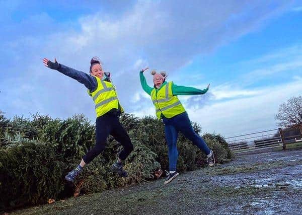 Hospice volunteers Sarah and Kirsty collecting used Christmas trees.