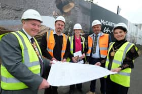 Coun David Jones , Gary Nugent, site manager, Sales Executive Jo Harris, Jason Clarke, contracts manager and Mayoress Annette Jones at the site.