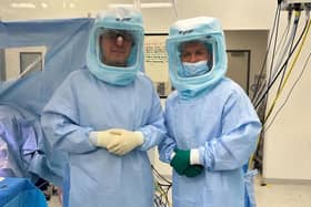 Mr Lamb and Mr Niculescu in the operating theatre after successfully completing the first two Rottinger hip replacements ever performed at Wrightington Hospital.