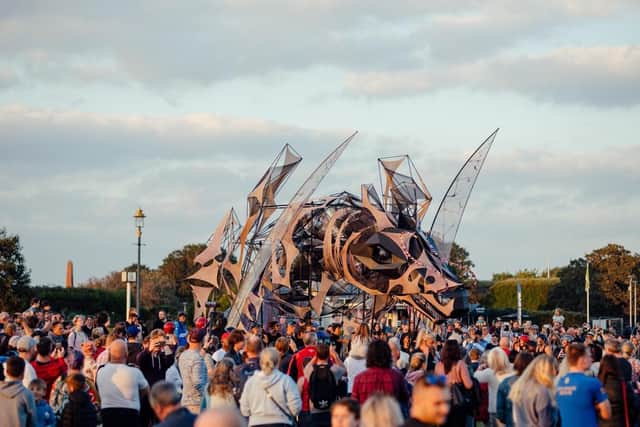 The Hatchling is a theatrical puppetry and kite flying performance that unfolds over a weekend of events. With a wingspan of more than 20 metres, it is the world’s largest human-operated puppet to fly. Image: Trigger