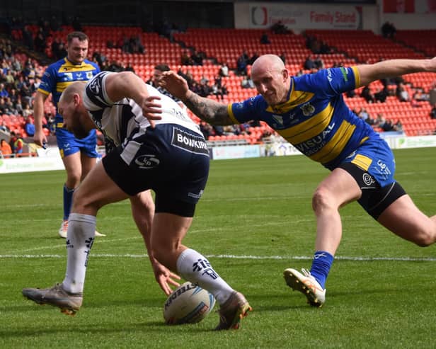 Brad Day touches down for one of his two tries for Featherstone Rovers at Doncaster. Picture: Rob Hare
