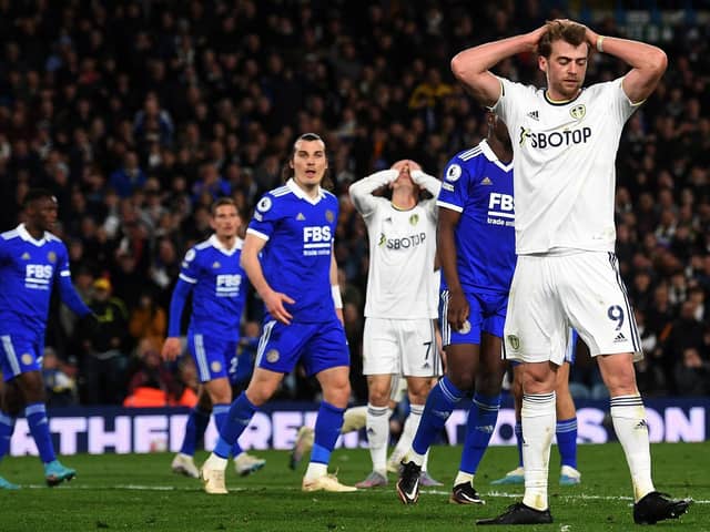Patrick Bamford puts his hands on his head after firing over from close range in the closing stages of Leeds United's game against Leicester City.
