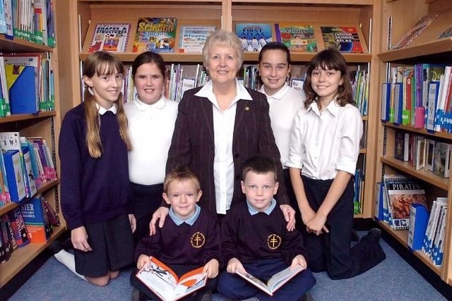 St. John the Baptist Primary School, Normanton. Head Teacher Mrs. Monica Haley with pupils (L to R) Elizabeth Warters, Alexandra Smith, Aisling Corbett, Chloe Allen (all four girls are school librarians) and the boys are L) Ben Ruby and R) Dylan Phelan.