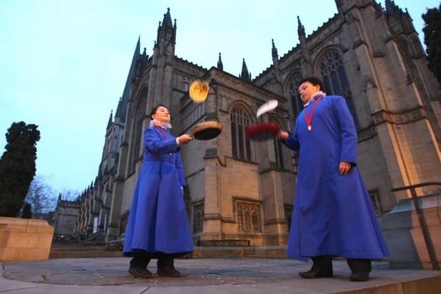 Pancake day at Wakefield Cathedral - Gideon Harvey and Daniel Winter.