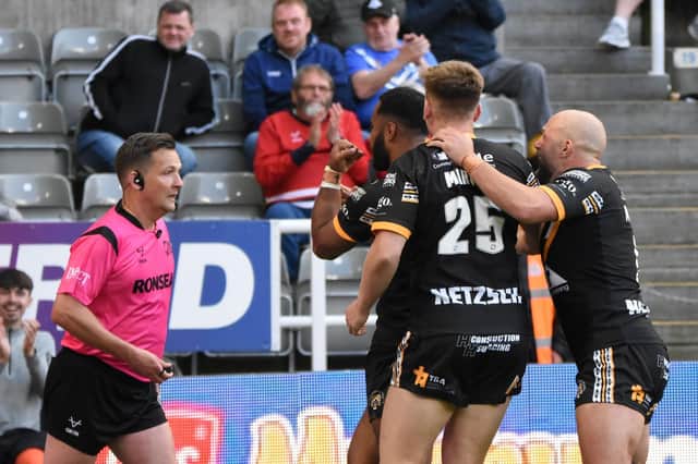 Castleford Tigers celebrate Jason Qareqare's winning try against Leeds Rhinos. Picture: Rob Hare