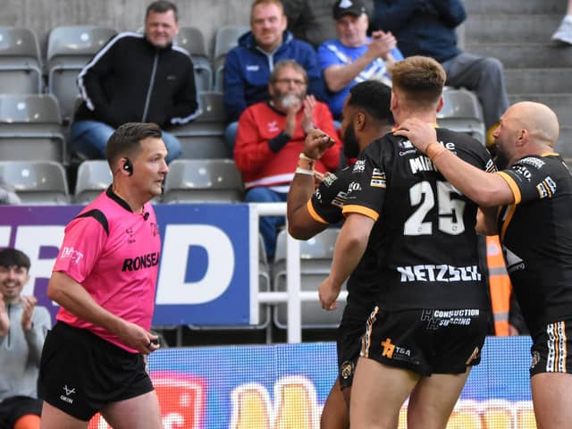 Castleford Tigers celebrate Jason Qareqare's winning try against Leeds Rhinos. Picture: Rob Hare