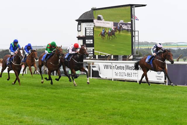 Dora Milaje races well clear for jockey Jason Hart to win at Pontefract. Picture: Anna Gowthorpe