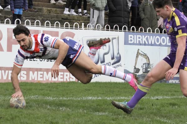 Romain Franco comes up with a spectacular dive to score one of Wakefield Trinity's 19 tries against Newcastle Thunder in the 1895 Cup. Picture: Kevin Creighton