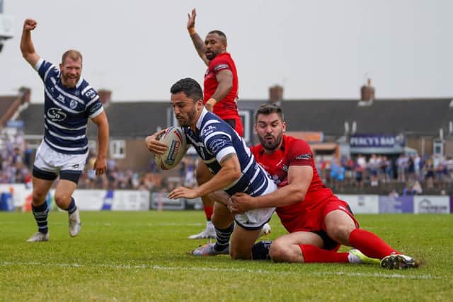 Celeb Aekins won the man of the match and scored two tries after switching to play at half-back in Featherstone Rovers' win over London Broncos. Picture: JLH Photography