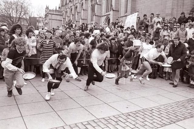 February 1985 - Pancake day races in Wakefield precinct.