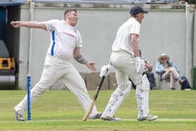 Old Sharlston opening bowler Tom Maskill delivers against Streethouse. Picture: Scott Merrylees