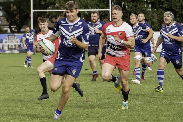 Pontefract captain Liam Kay races away for a second half interception try at Moortown. Picture: Jonathan Buck