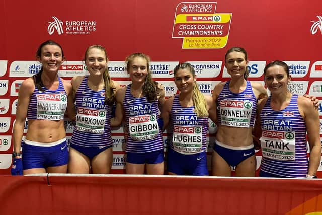 Wakefield Harriers' Amy-Eloise Markovc with her Great Britain & Northern Ireland teammates Jess Warner-Judd, Abbie Donnelly, Poppy Tank, Jessica Gibbon and Cari Hughes. Together they won a team silver medal in the European Cross Country Championships.