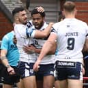Manoa Wacokecoke celebrates scoring a try for Featherstone Rovers at Leigh. Picture: John Victor