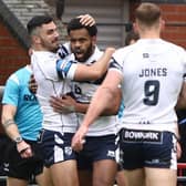 Manoa Wacokecoke celebrates scoring a try for Featherstone Rovers at Leigh. Picture: John Victor