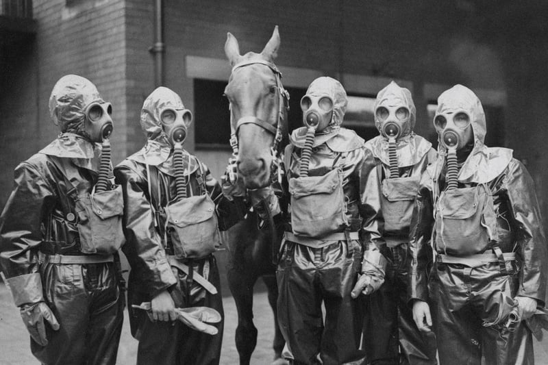 Members of the West Riding Police Service wearing protective clothing and gas masks during an anti gas air raid training exercise with their unprotected horse on August 19 1936 at Wakefield. (Photo by Fox Photos/Hulton Archive/Getty Images).
