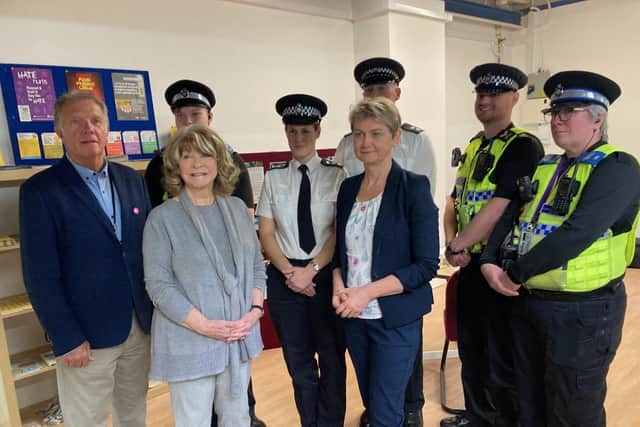 Pictured front, L-R Castleford councillor Richard Forster, Wakefield Council leader Denise Jeffery and MP Yvette Cooper at the opening of a new community policing hub in Castleford's indoor market.