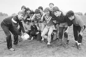 Rugby League legend Fred Lindop coaching youngsters at Eastmoor High school in 1985.