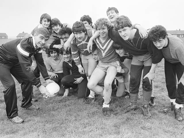 Rugby League legend Fred Lindop coaching youngsters at Eastmoor High school in 1985.
