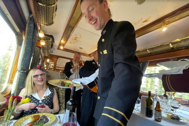 Passengers will be served a leisurely seven-course meal as the 1930s Pullman-style Northern Belle spends five hours meandering through the beautiful Yorkshire countryside .