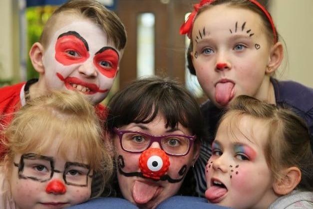 Comic relief at Snapethorpe Primary School - Billy Taylor, Keira Burns Scarlett Dixon, Miss King and Holly Dunford in 2015