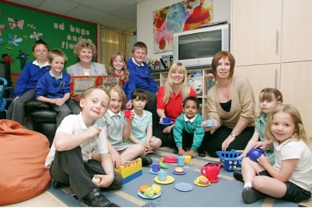 Rooks Nest School wrap around care gets an excellent Ofsted in 2007. Headteacher Anne Butel, Veronica Saville (managerr early birds) and Rachael Carrigan (manager for wrap around) with a selection of the children that use the clubs.
