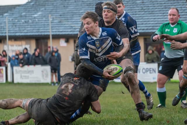 Pontefract try scorer Richard Dedicoat looks to offload near the Old Brods line. Picture: Jonathan Buck
