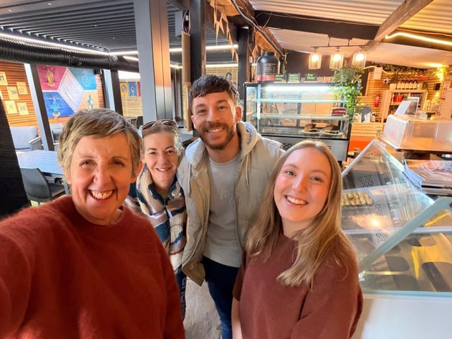 Julie Hesmondhalgh, Victoria Haycock (owner), Jordan Haycock (Victoria’s son), Bryony Butler (barista)
