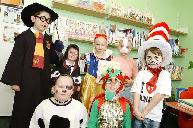 Book characters for Comic Relief at Sharlston Community School. Owen Brear (10) Jack Lee (5) Kelsey Holdsworth (8) MAISIE Hale (7) Bailey Davis (6) Front - Leanna Townend (10) Marcus Broadbent (7).