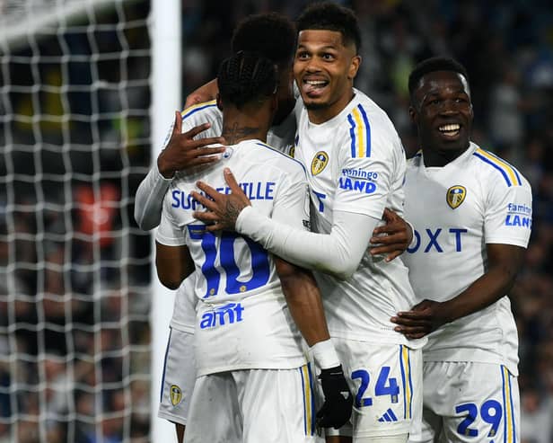 Crysencio Summerville celebrates his goal against Norwich with Leeds United teammates.