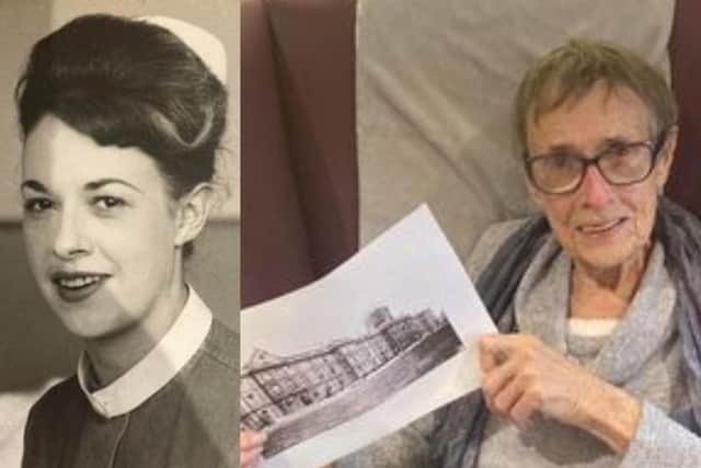 Delia holding a picture of the old hospital, and Delia during her nursing days.