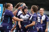Featherstone Rovers Women celebrate scoring a try in their play-offs semi-final win over Cardiff. Picture: John Victor