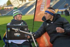 Kevin Sinfield with Rob Burrows at Headingley Stadium after running 101 miles for charity. Photo: Alex Cousins/SWNS