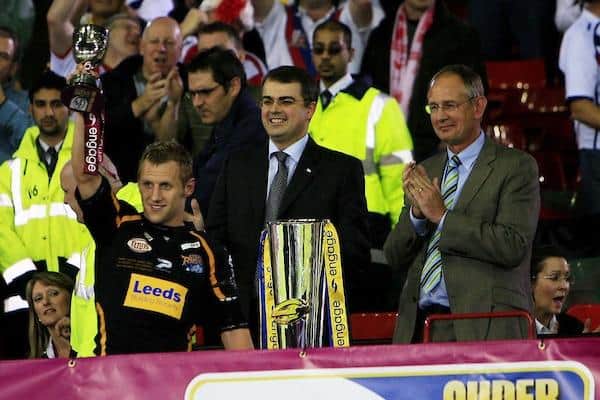 Rob Burrow receives the Harry Sunderland Trophy as Grand Final man of the match for the first time, after Leeds Rhinos' win over St Helens in 2007. Picture by Chris Mangnall/SWpix.com.