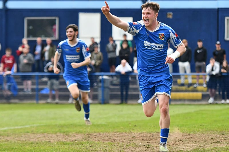 Adam Haw celebrates opening the scoring for Pontefract Collieries.