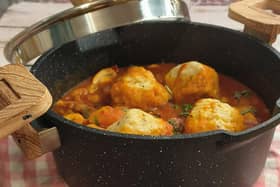 Tasty goulash with fluffy dumplings