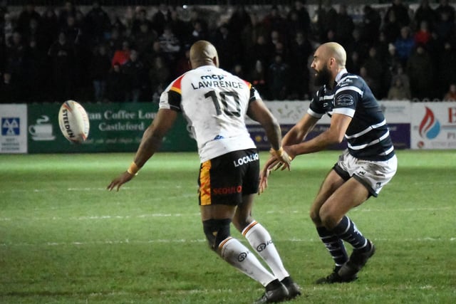 Featherstone Rovers man of the match Johnathon Ford looks to make a telling pass.