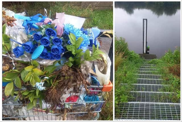 The tributes to Tyler Wilson stuffed into a shopping trolley and the empty space from which they had been removed