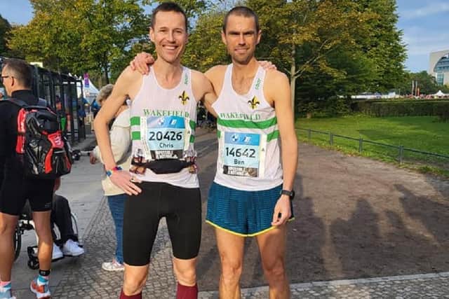 Wakefield Harriers runners Ben Butler and Chris Hunter at the Berlin Marathon where a world record was recorded.