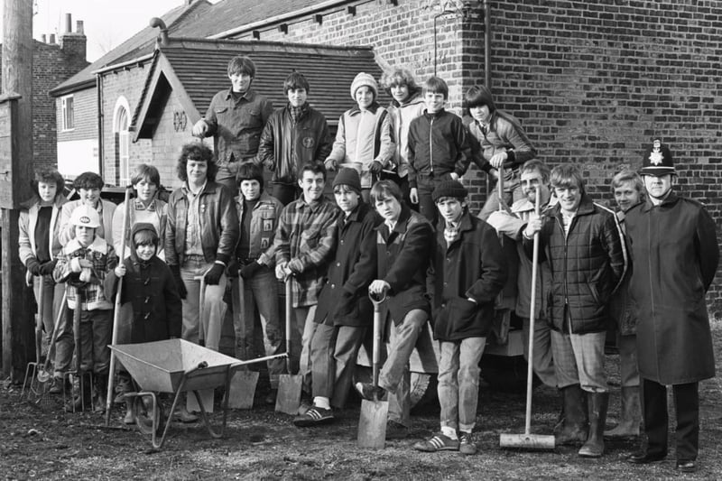 Helping to clear up after the Ossett School fire, taken on January 24 1981.