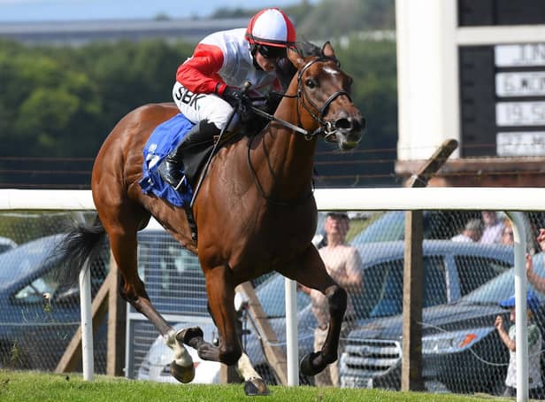 Princess Shabnam, ridden by Nicola Currie, was an impressive winner of Pontefract's £60,000 EBF Stallions Highfield Farm Flying Fillies’ Stakes. Picture: Alan Wright