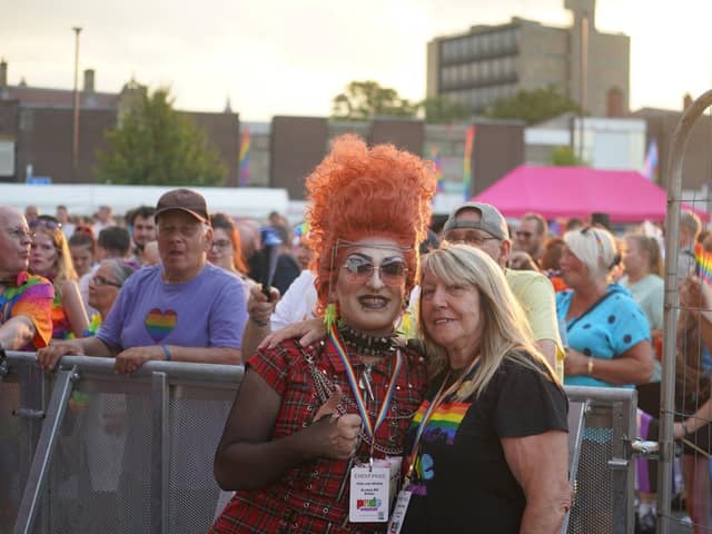 Host Glitz Van Winkle with Jo King (right) at Wakefield Pride 2022.