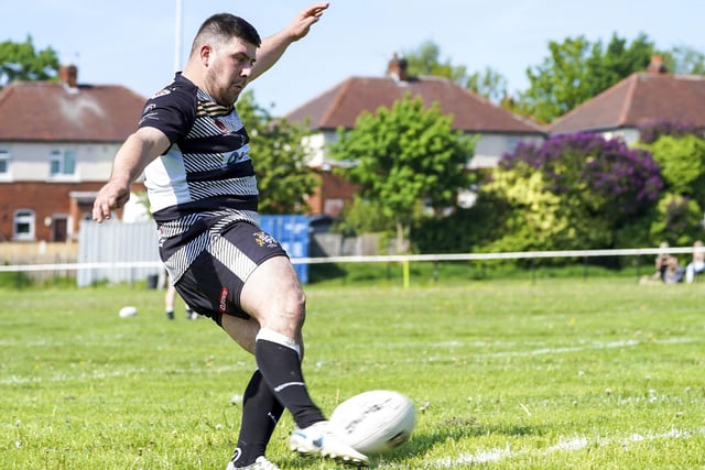 Danny Johnson kicks one of his four conversions against Beverley.