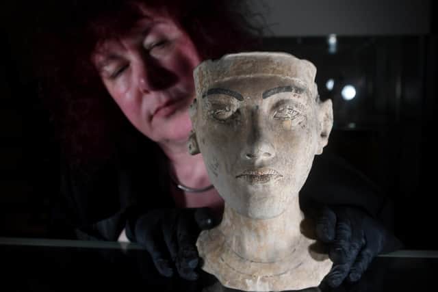 Prof Joanne Fletcher pictured with a bust of Tutankhamen,  at Experience, Barnsley. Picture by Simon Hulme
